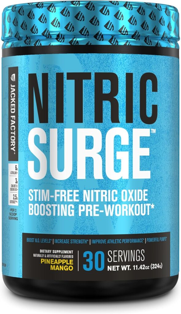 Nitric Surge Stim Free Pre Workout Powder - Caffeine Free Nitric Oxide Supplement w/Con-Cret Creatine, L Citrulline,  GlycerSize Glycerol for Pumps  Muscular Hydration - Pineapple Mango, 30 Servings